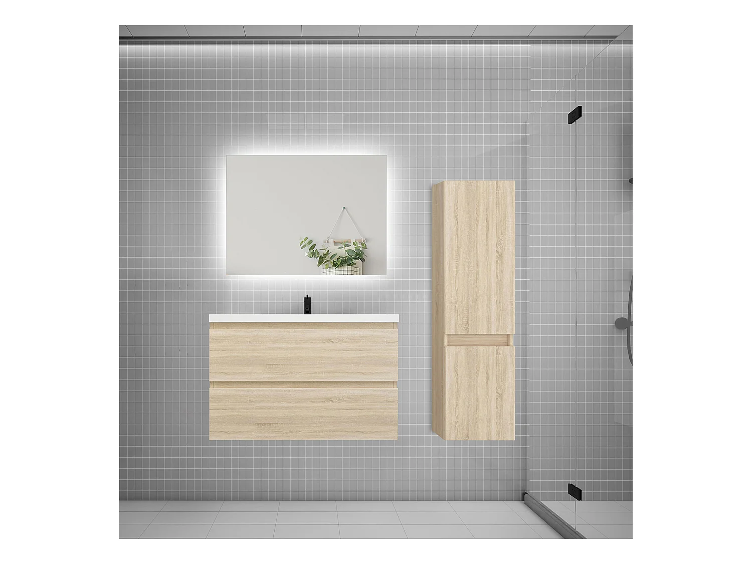 Ensemble meuble simple vasque 80cm 2 tiroirs + lavabo + colonne + miroir,chêne