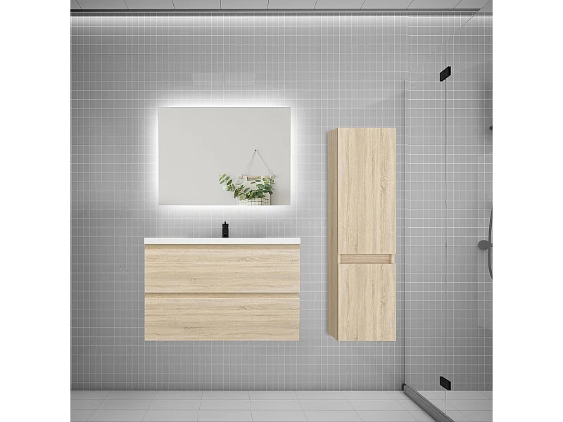 Ensemble meuble simple vasque 80cm 2 tiroirs + lavabo + colonne + miroir,chêne