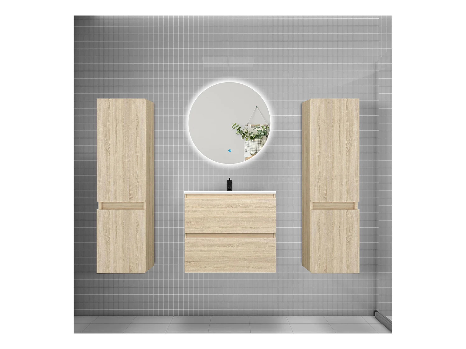 Ensemble meuble vasque L.60cm 2 tiroirs + lavabo + colonne + miroir rond 60cm,chêne
