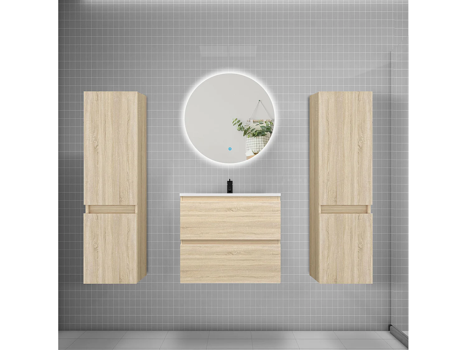 Ensemble meuble vasque L.60cm 2 tiroirs + lavabo + colonne + miroir rond 60cm,chêne