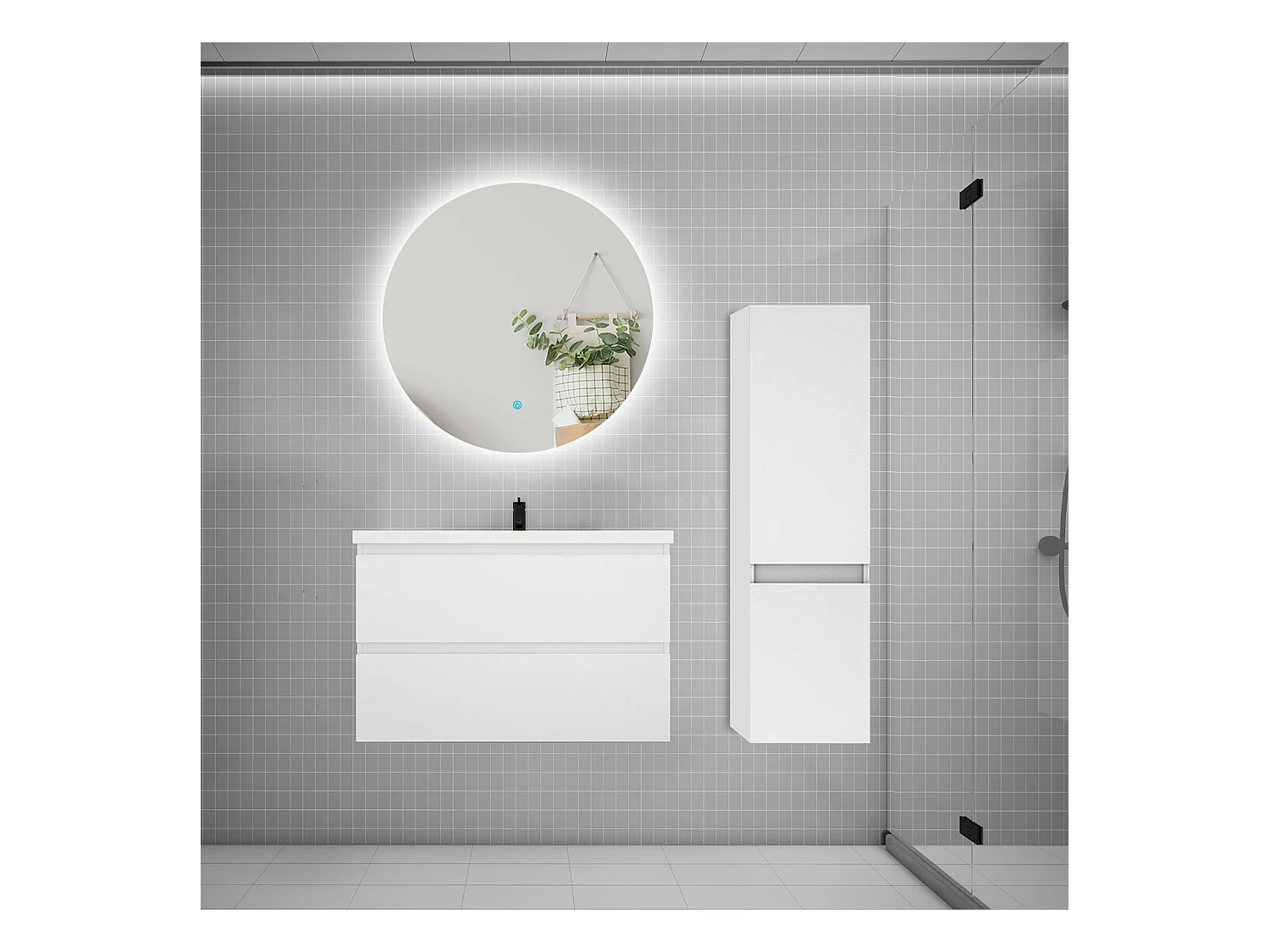 Ensemble meuble simple vasque 80cm 2 tiroirs + lavabo + colonne + miroir rond,blanc