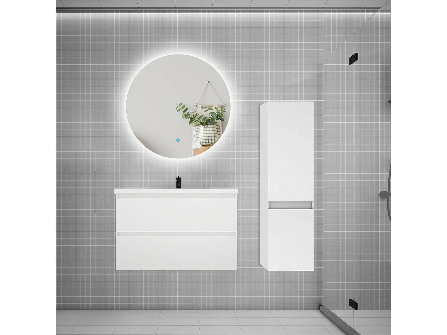 Ensemble meuble simple vasque 80cm 2 tiroirs + lavabo + colonne + miroir rond,blanc