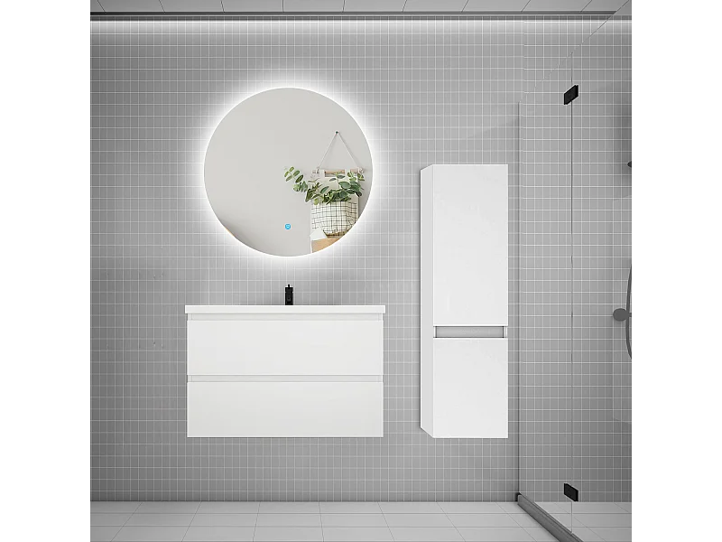 Ensemble meuble simple vasque 80cm 2 tiroirs + lavabo + colonne + miroir rond,blanc