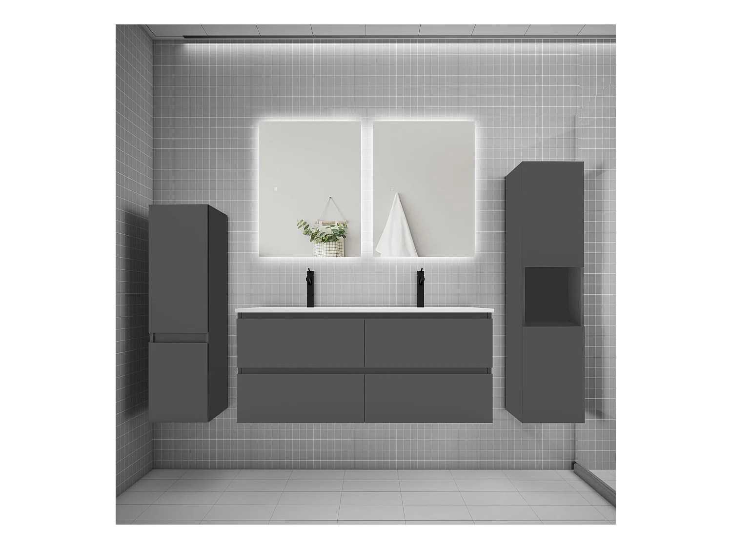 Ensemble meuble vasque L.120cm 2 tiroirs + lavabo + colonne + miroir mural 60cm,anthracite