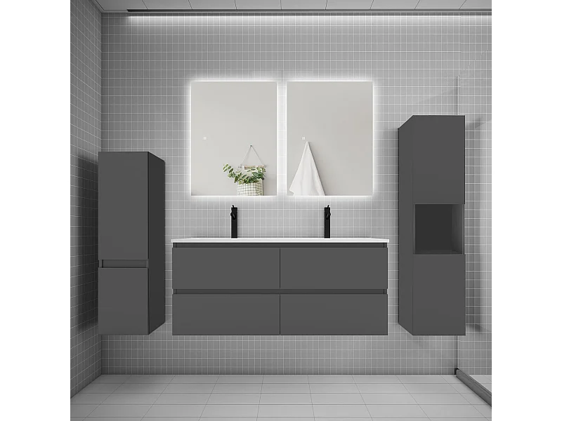 Ensemble meuble vasque L.120cm 2 tiroirs + lavabo + colonne + miroir mural 60cm,anthracite