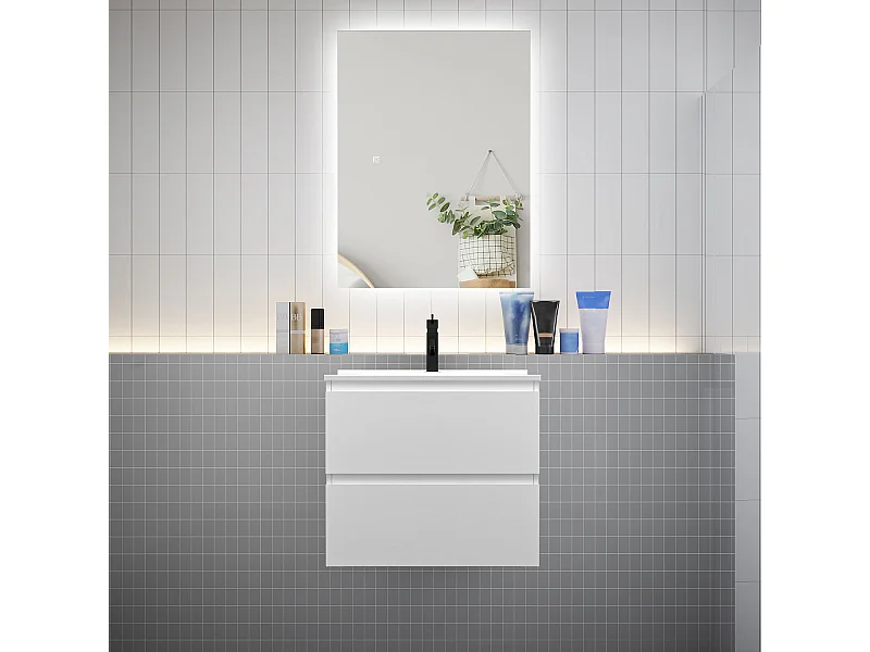 Ensemble meuble vasque L.60cm 2 tiroirs + lavabo + LED miroir 60cm,blanc