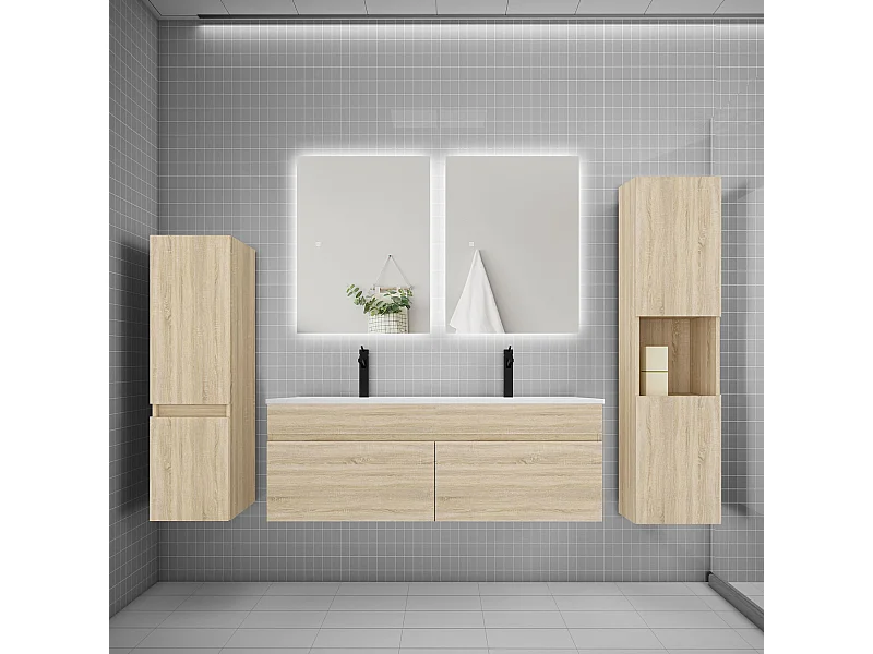 Ensemble meuble vasque L.120cm lavabo + colonne + miroir mural 60cm,chêne