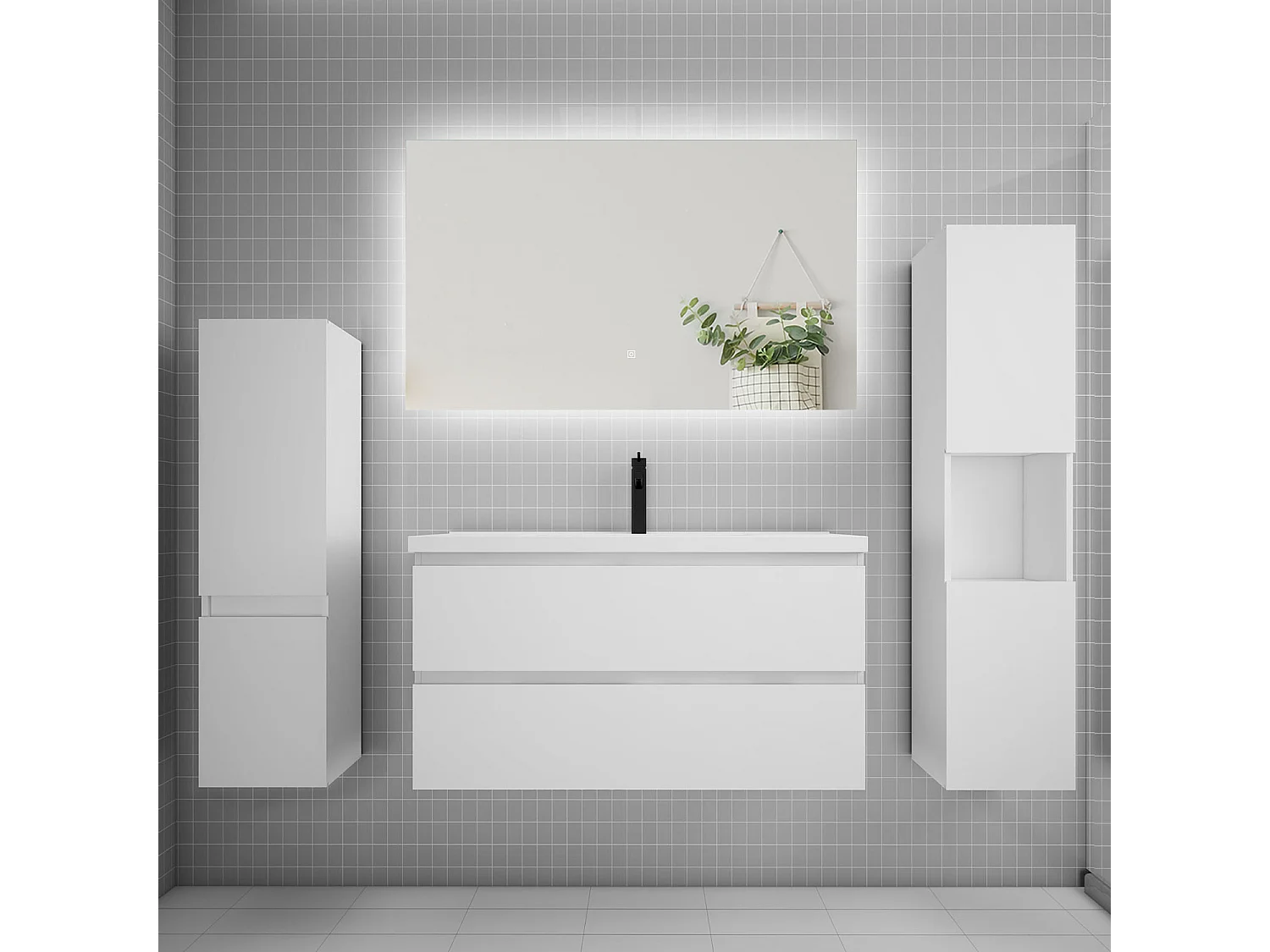 Ensemble meuble vasque L.100cm 2 tiroirs + lavabo + colonne + miroir mural 100cm,blanc