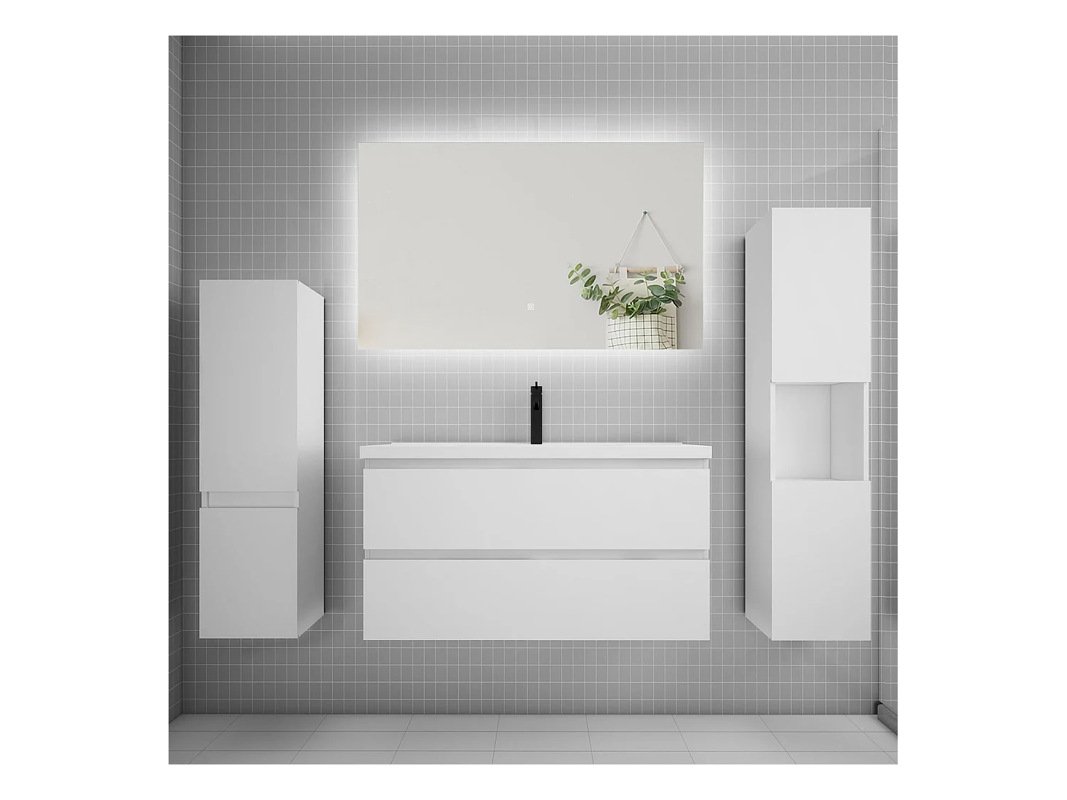 Ensemble meuble vasque L.100cm 2 tiroirs + lavabo + colonne + miroir mural 100cm,blanc