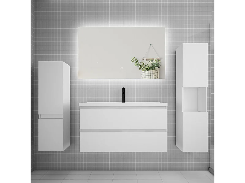 Ensemble meuble vasque L.100cm 2 tiroirs + lavabo + colonne + miroir mural 100cm,blanc