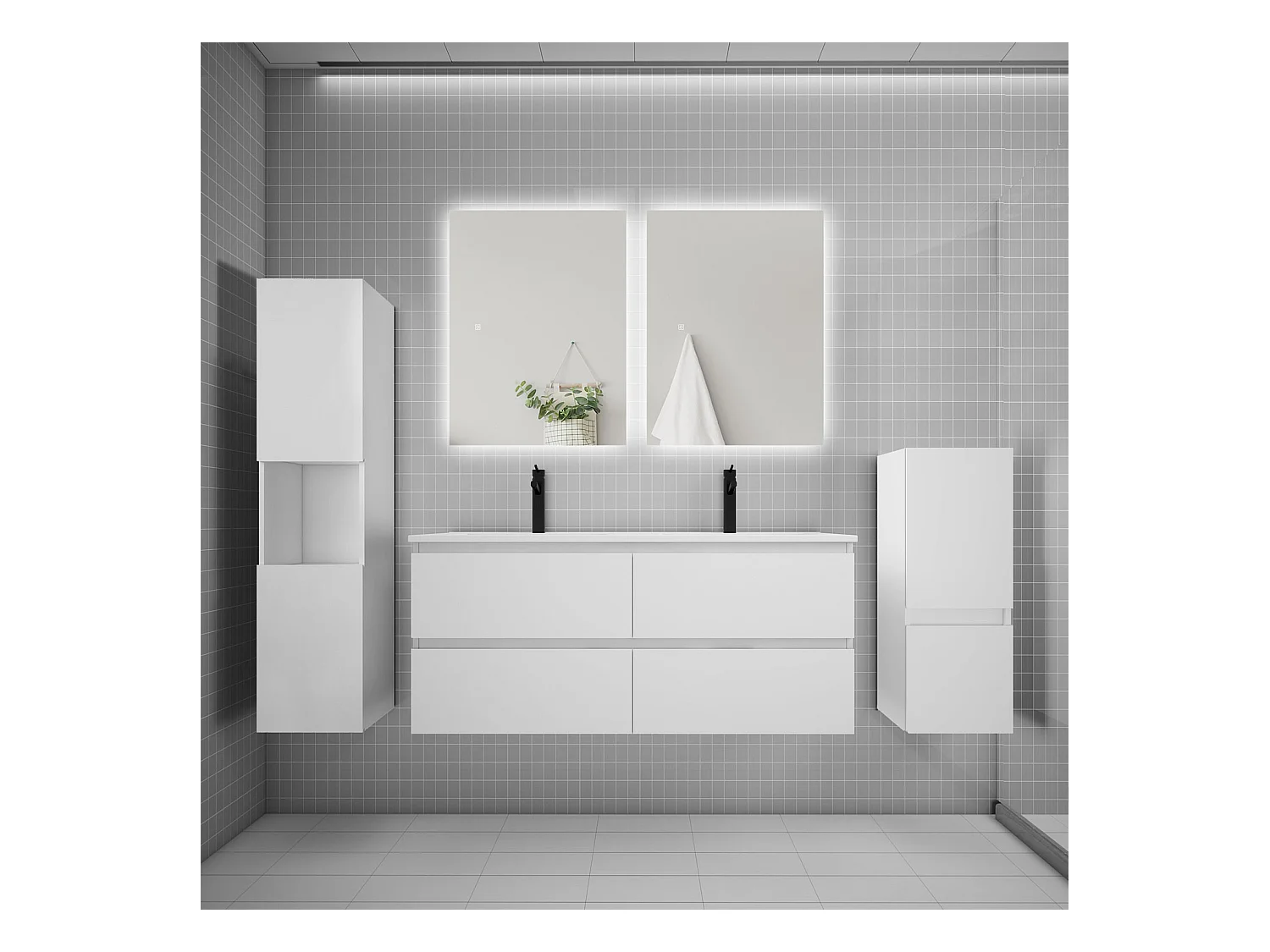 Ensemble meuble vasque L.120cm 2 tiroirs + lavabo + colonne + miroir,blanc
