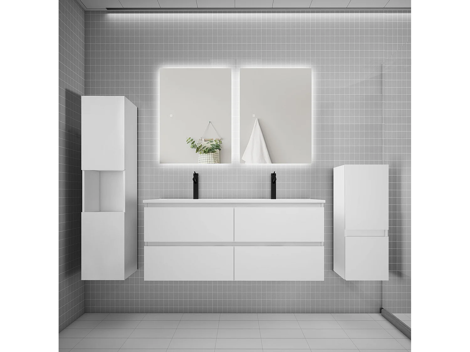 Ensemble meuble vasque L.120cm 2 tiroirs + lavabo + colonne + miroir,blanc