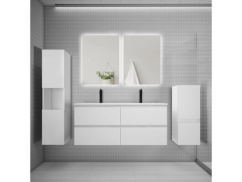 Ensemble meuble vasque L.120cm 2 tiroirs + lavabo + colonne + miroir,blanc