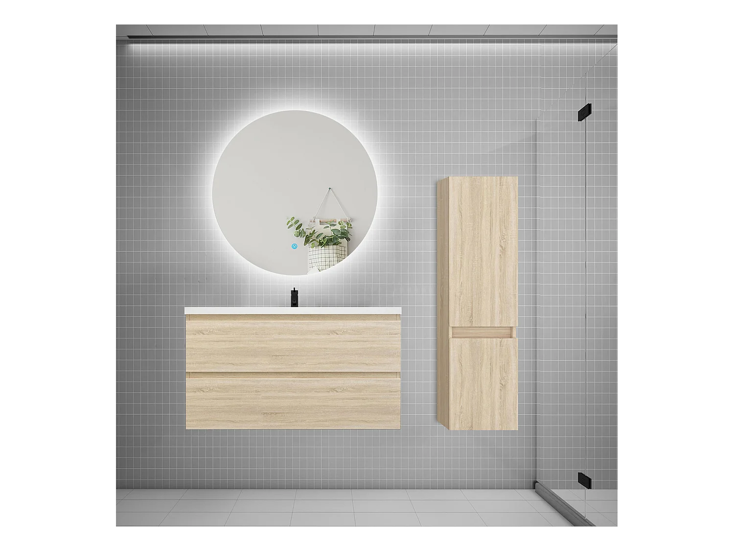Ensemble meuble simple vasque 100cm 2 tiroirs + lavabo + colonne + miroir rond,chêne