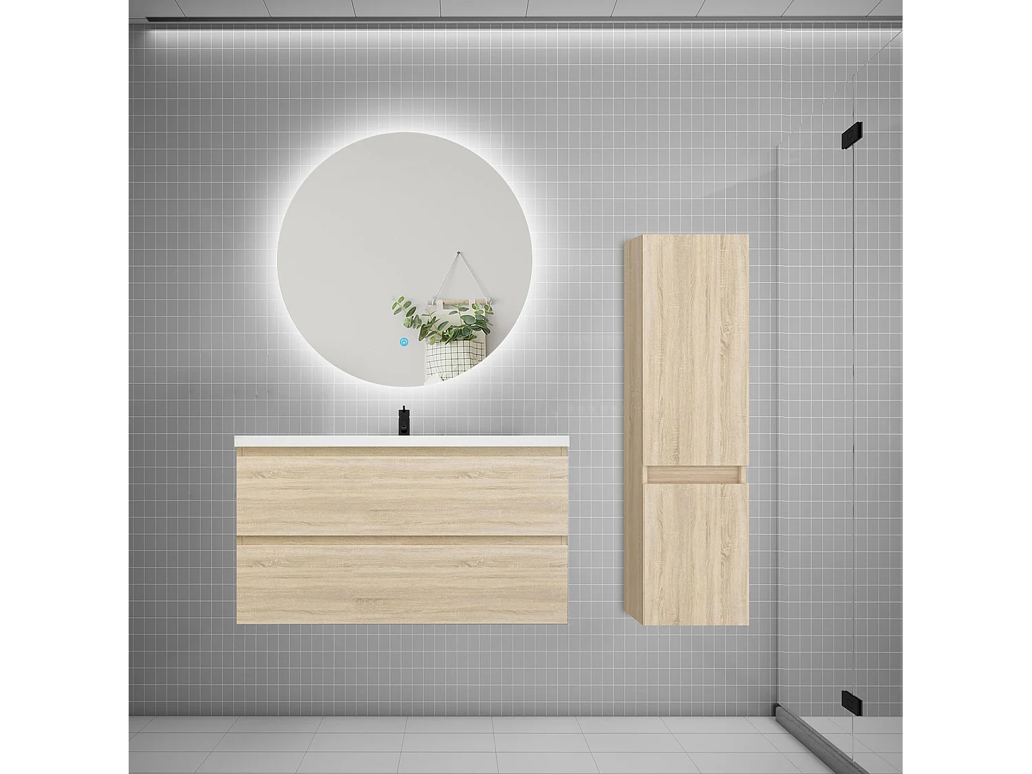 Ensemble meuble simple vasque 100cm 2 tiroirs + lavabo + colonne + miroir rond,chêne