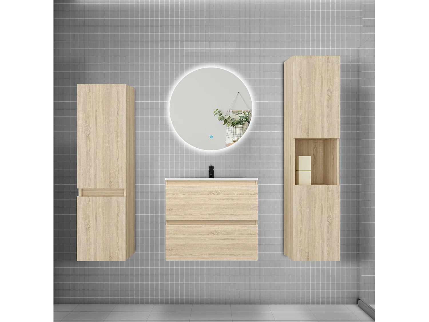 Ensemble meuble vasque L.60cm 2 tiroirs + lavabo + colonne + miroir rond mural 60cm,chêne