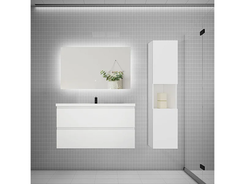 Ensemble meuble vasque 100cm 2 tiroirs + lavabo + colonne + miroir,blanc