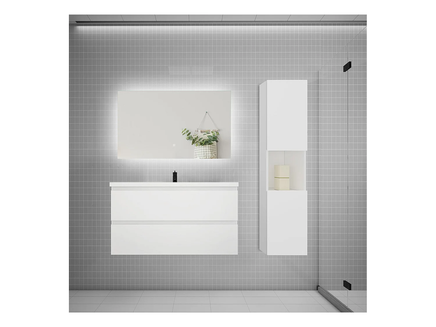 Ensemble meuble vasque 100cm 2 tiroirs + lavabo + colonne + miroir,blanc