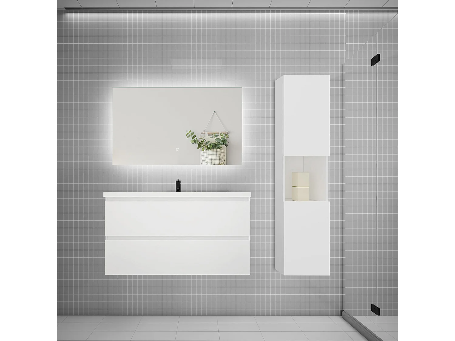 Ensemble meuble vasque 100cm 2 tiroirs + lavabo + colonne + miroir,blanc