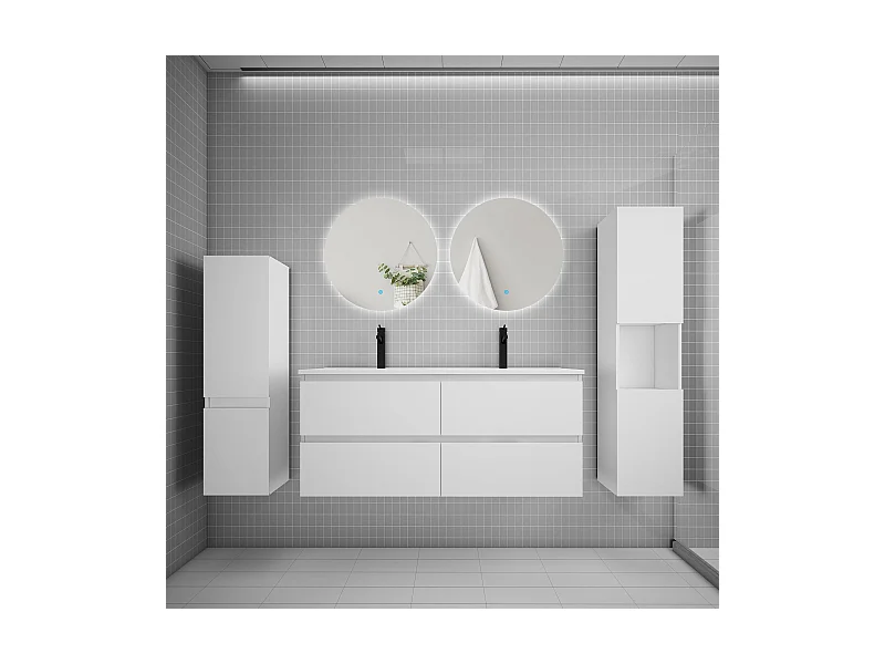 Ensemble meuble vasque L.120cm 2 tiroirs + lavabo + colonne + miroir rond mural 60cm,blanc
