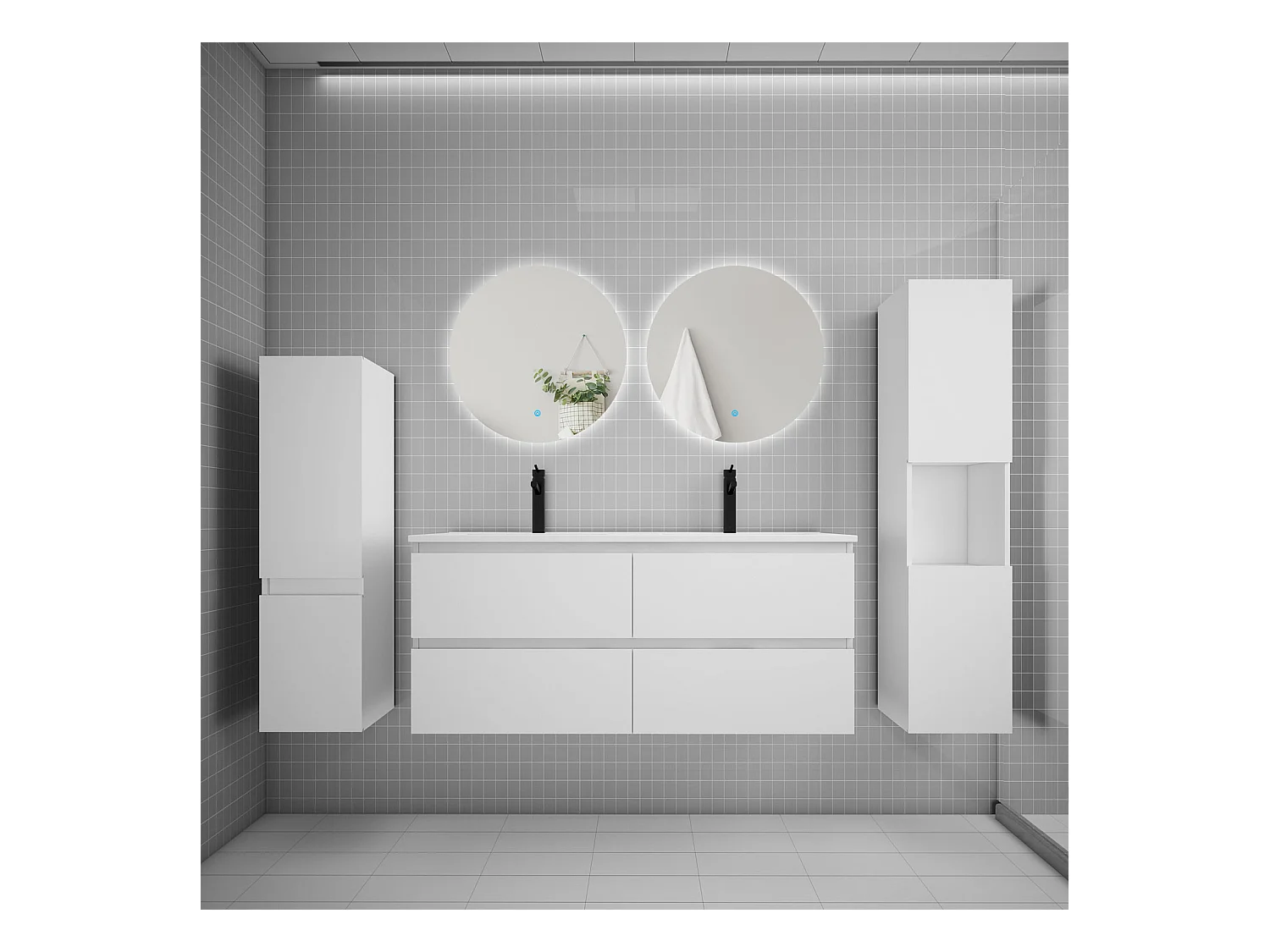 Ensemble meuble vasque L.120cm 2 tiroirs + lavabo + colonne + miroir rond mural 60cm,blanc