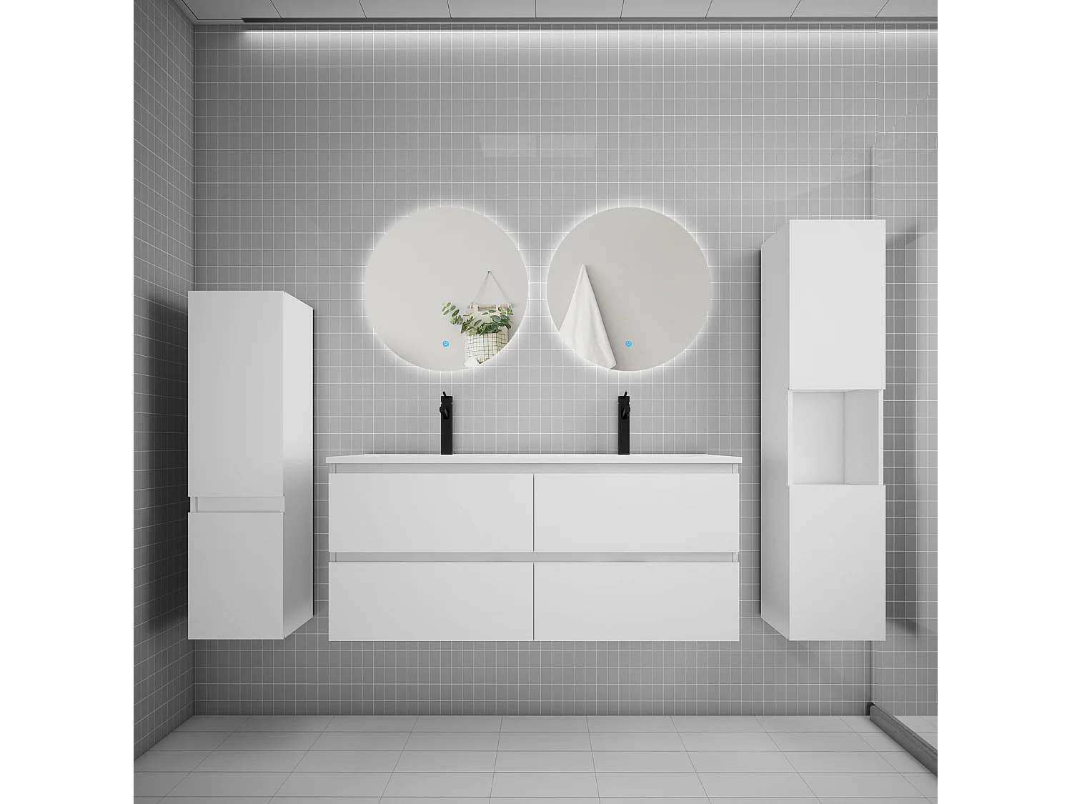 Ensemble meuble vasque L.120cm 2 tiroirs + lavabo + colonne + miroir rond mural 60cm,blanc