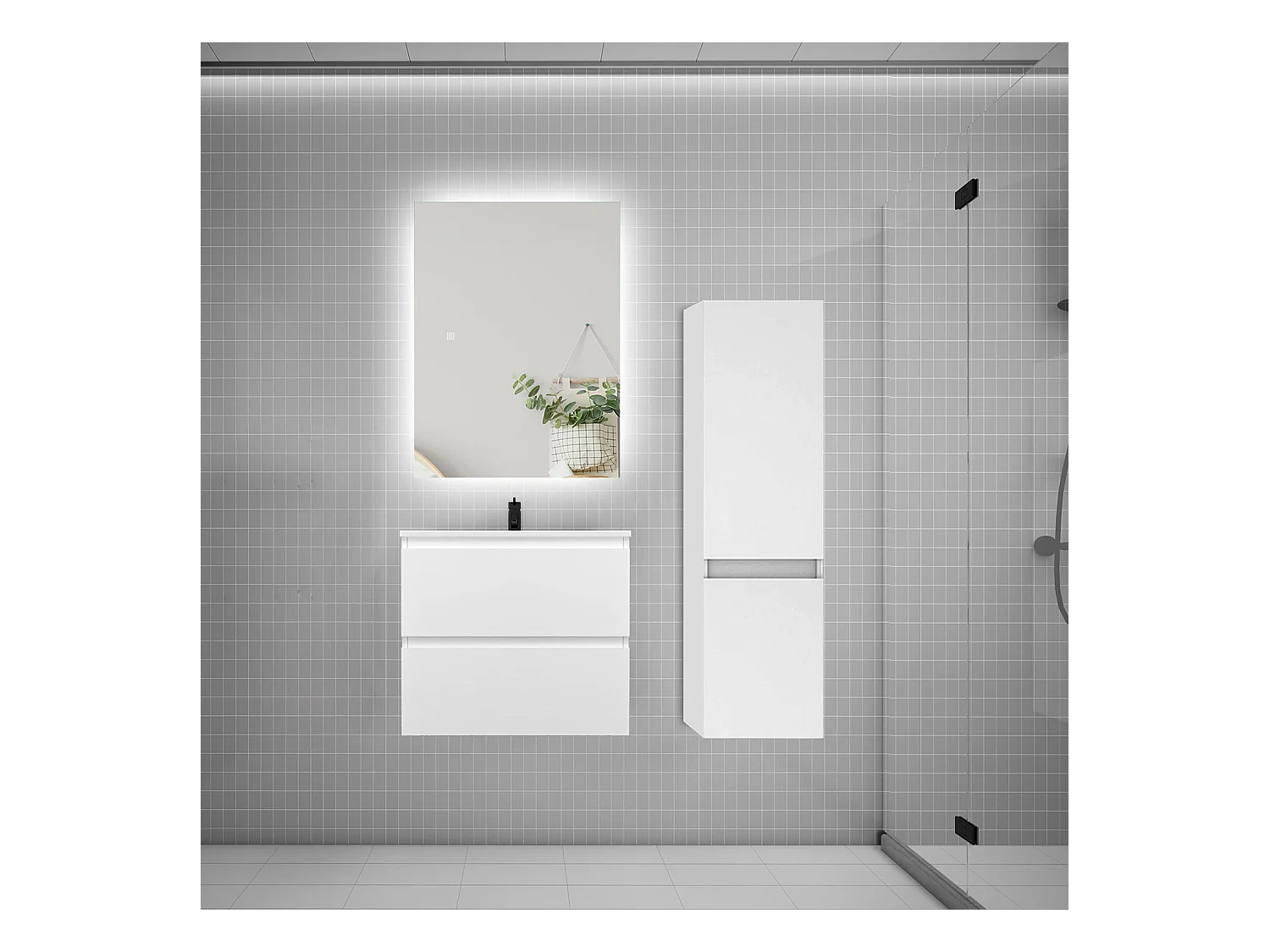 Ensemble meuble simple vasque 60cm 2 tiroirs + lavabo + colonne + miroir,blanc