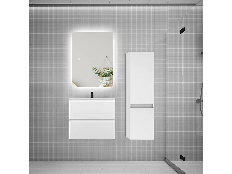 Ensemble meuble simple vasque 60cm 2 tiroirs + lavabo + colonne + miroir,blanc