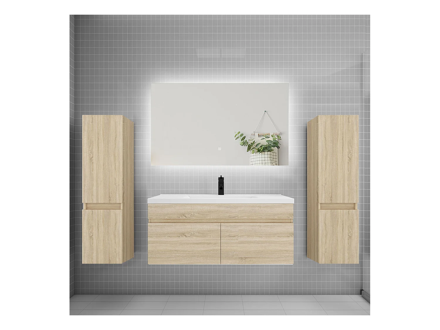 Ensemble meuble vasque L.100cm lavabo + colonne + miroir 100cm,chêne