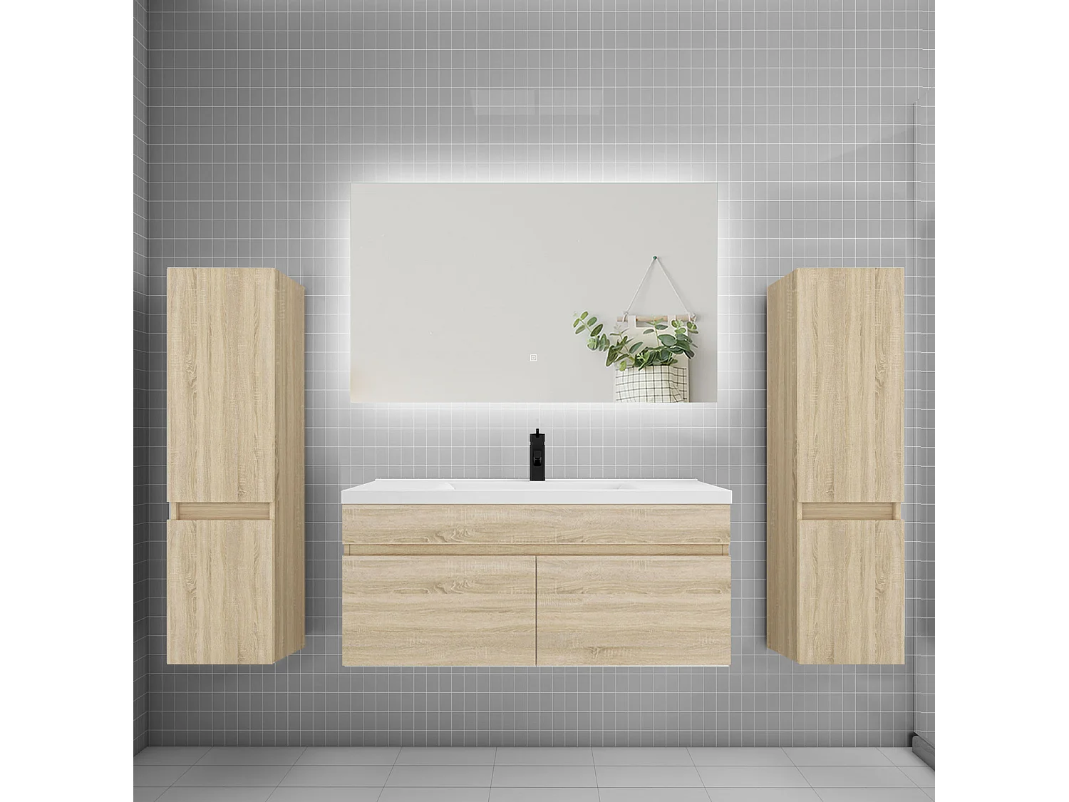 Ensemble meuble vasque L.100cm lavabo + colonne + miroir 100cm,chêne