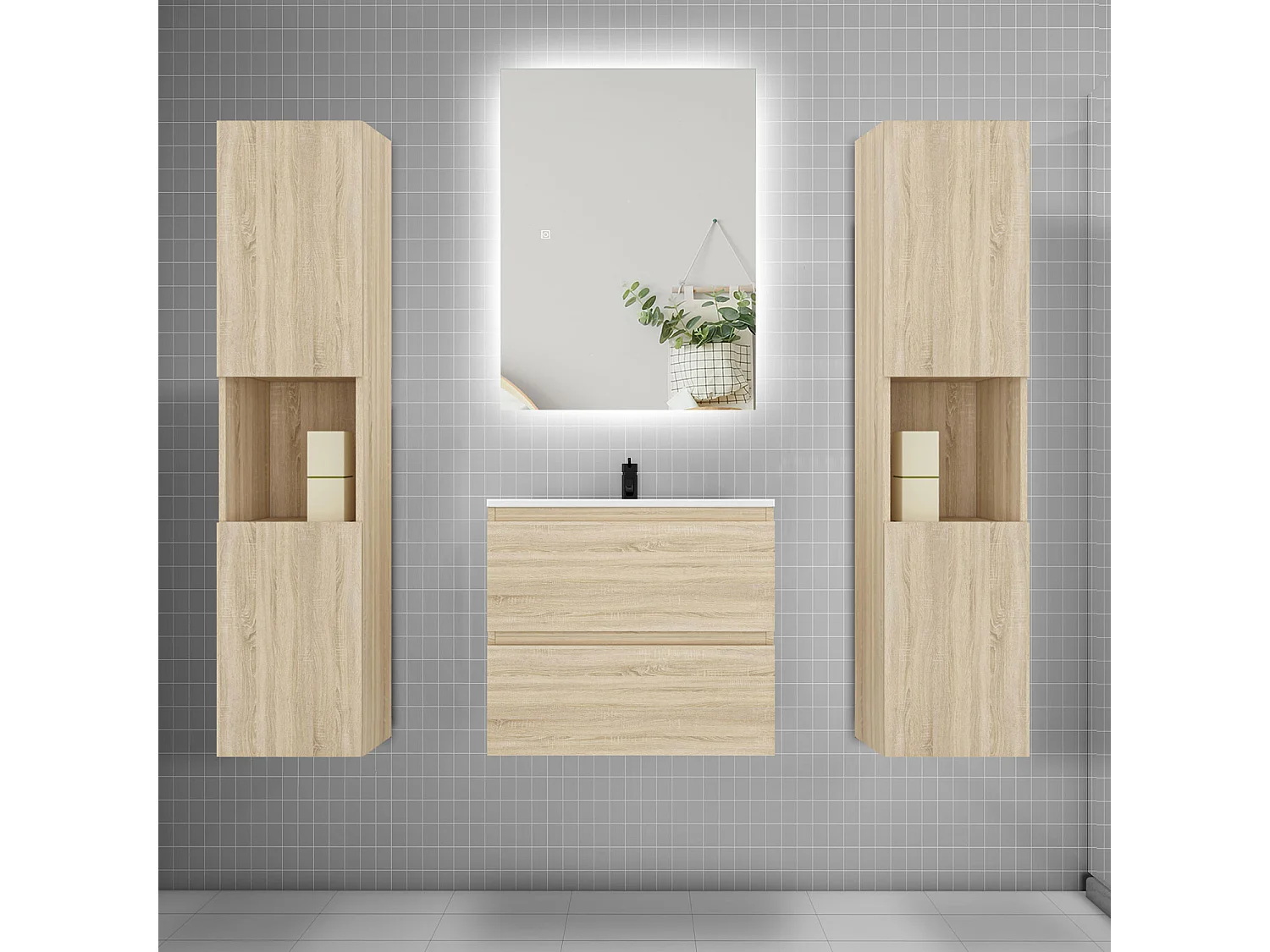 Ensemble meuble vasque L.60cm 2 tiroirs + lavabo + colonne + LED miroir 60cm,chêne