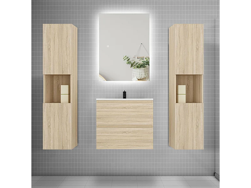 Ensemble meuble vasque L.60cm 2 tiroirs + lavabo + colonne + LED miroir 60cm,chêne