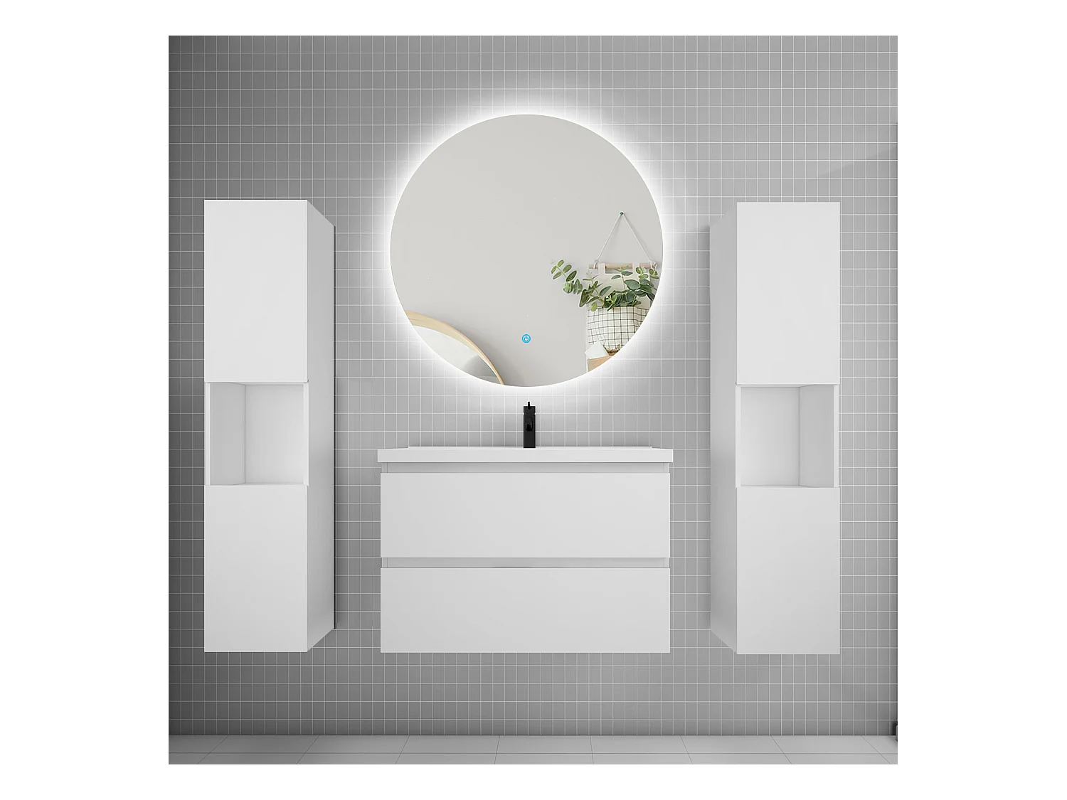 Ensemble meuble vasque L.80cm 2 tiroirs + lavabo + colonne + LED miroir rond 80cm,blanc