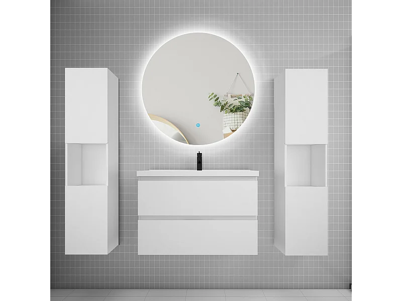 Ensemble meuble vasque L.80cm 2 tiroirs + lavabo + colonne + LED miroir rond 80cm,blanc