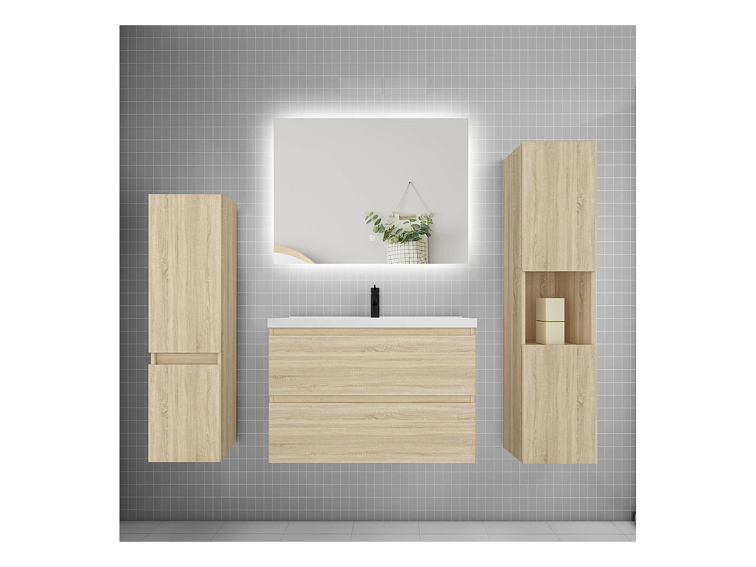 Ensemble meuble vasque L.80cm 2 tiroirs + lavabo + colonne + miroir mural 80cm,chêne