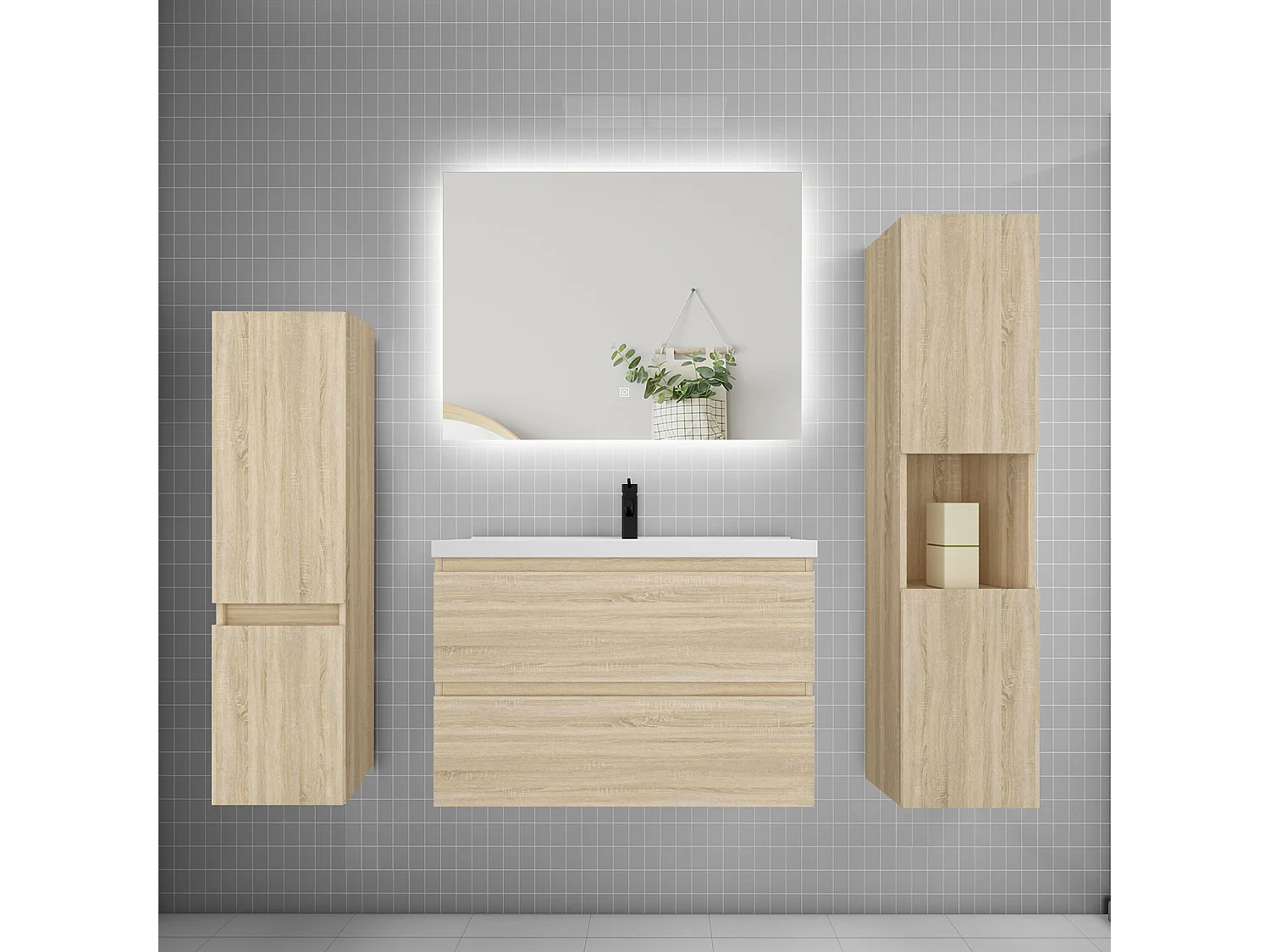 Ensemble meuble vasque L.80cm 2 tiroirs + lavabo + colonne + miroir mural 80cm,chêne