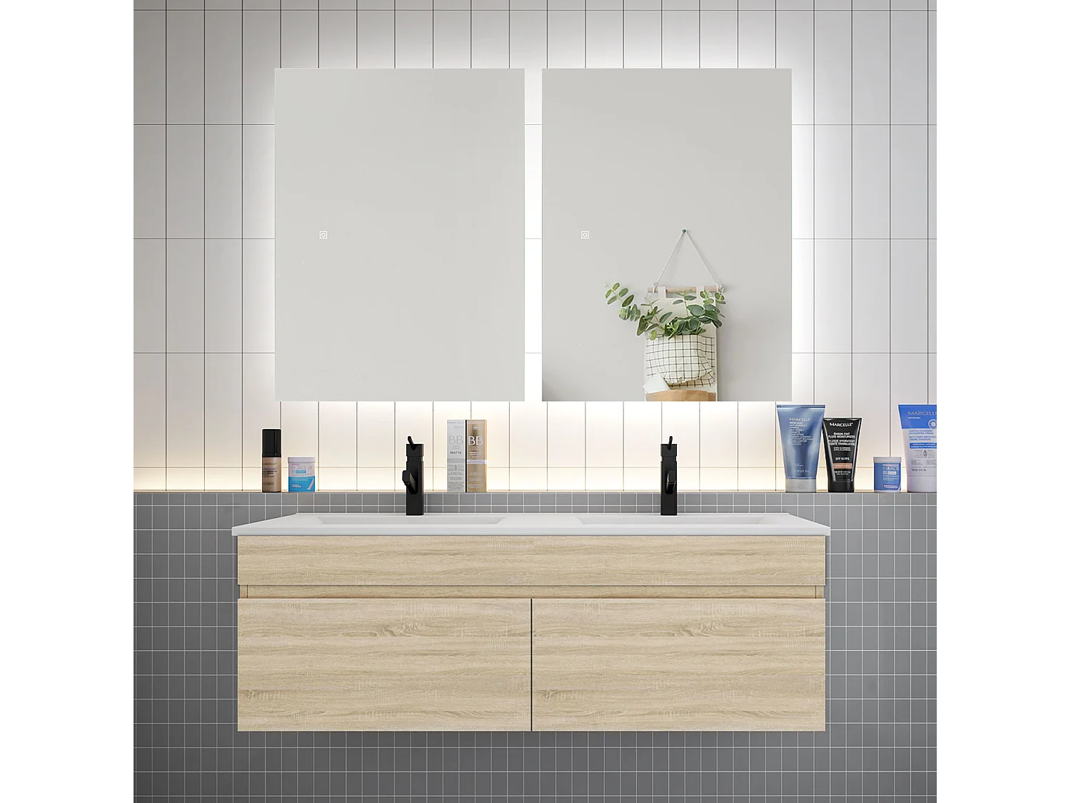 Ensemble meuble vasque L.120cm lavabo + LED miroir 60cm,chêne
