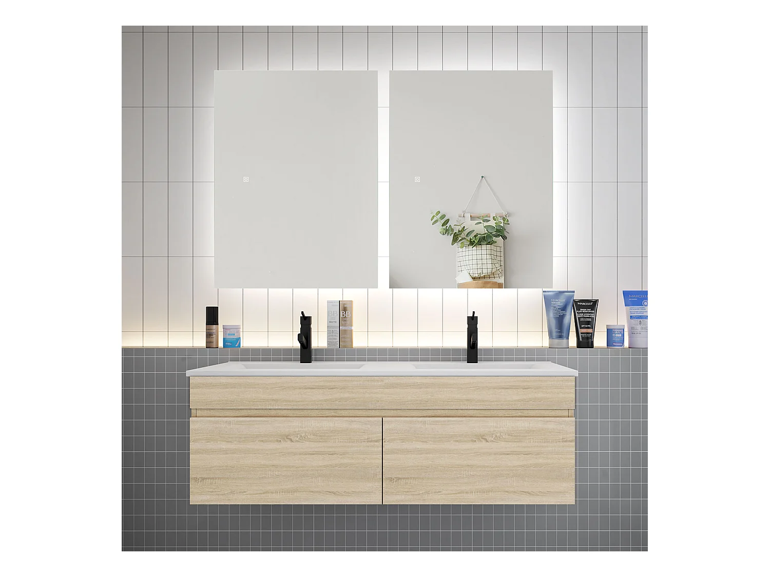 Ensemble meuble vasque L.120cm lavabo + LED miroir 60cm,chêne