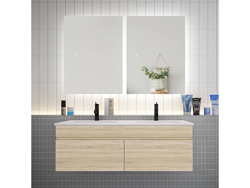 Ensemble meuble vasque L.120cm lavabo + LED miroir 60cm,chêne