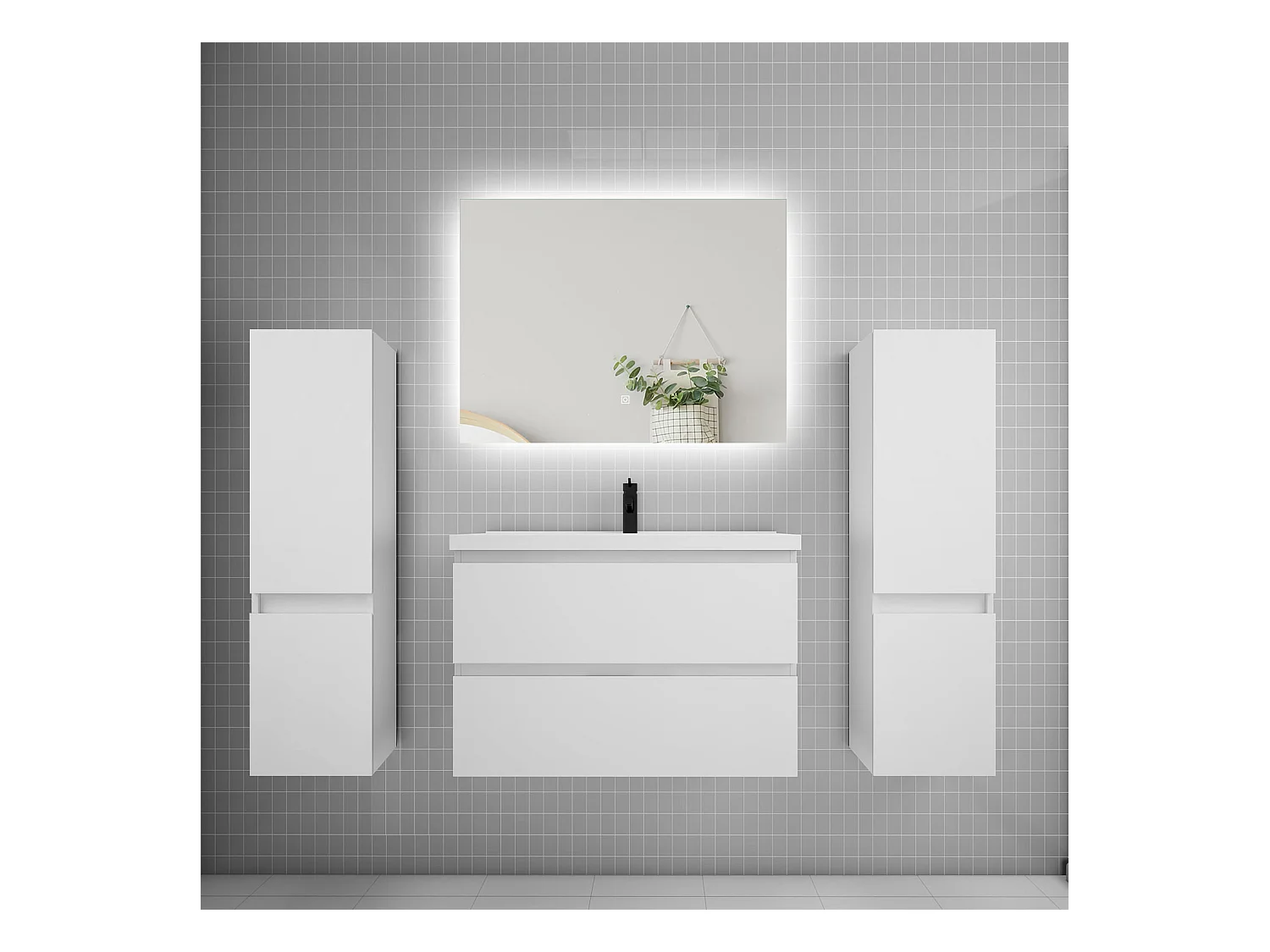 Ensemble meuble vasque L.80cm 2 tiroirs + lavabo + colonne + miroir 80cm,blanc
