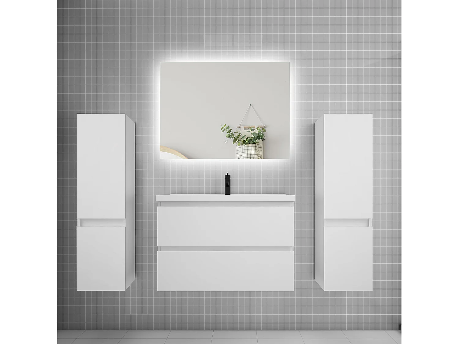 Ensemble meuble vasque L.80cm 2 tiroirs + lavabo + colonne + miroir 80cm,blanc