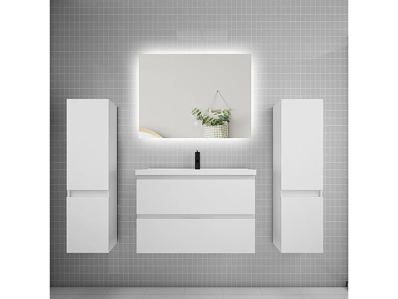 Ensemble meuble vasque L.80cm 2 tiroirs + lavabo + colonne + miroir 80cm,blanc