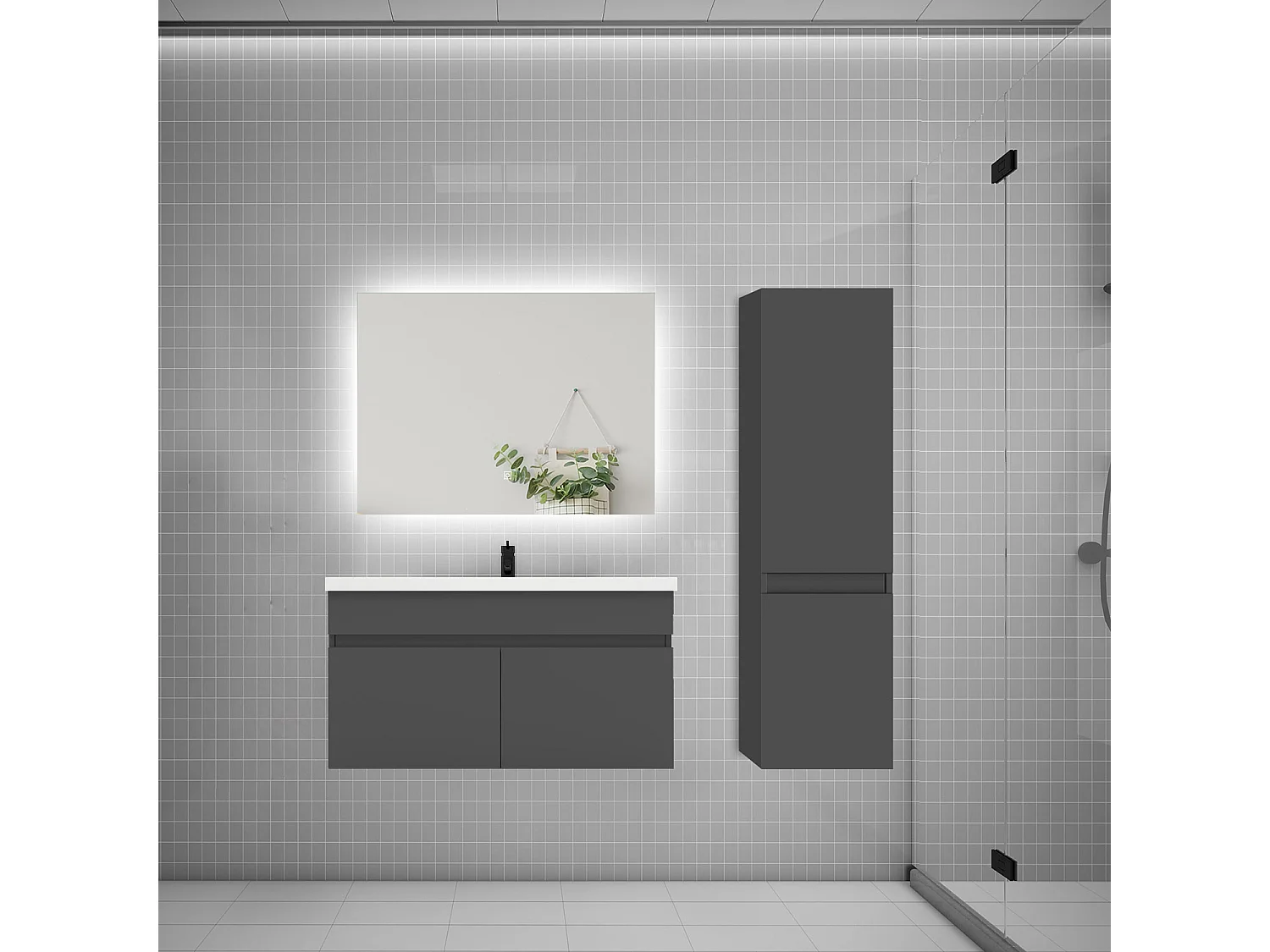 Ensemble meuble simple vasque 80cm lavabo + colonne + miroir,anthracite