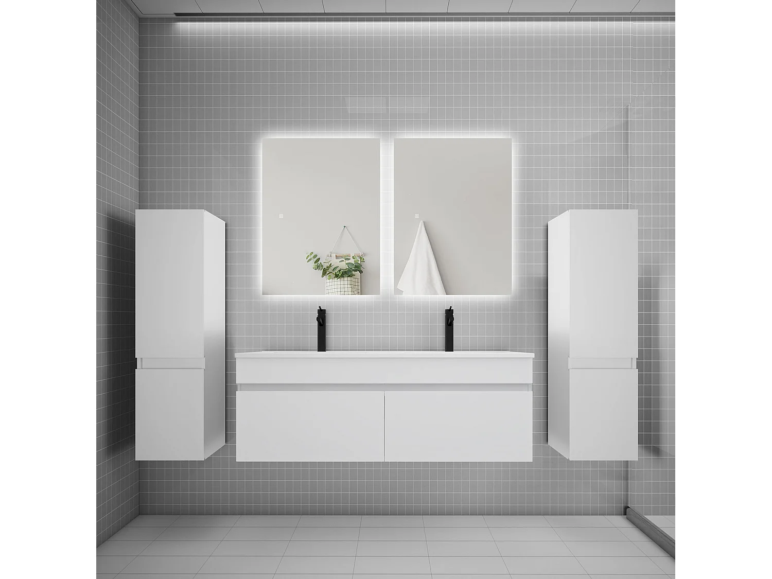 Ensemble meuble vasque L.120cm lavabo + colonne + miroir 60cm,blanc