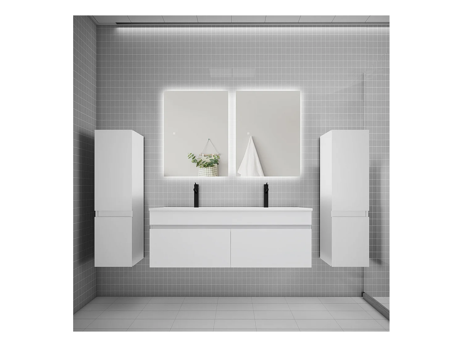 Ensemble meuble vasque L.120cm lavabo + colonne + miroir 60cm,blanc