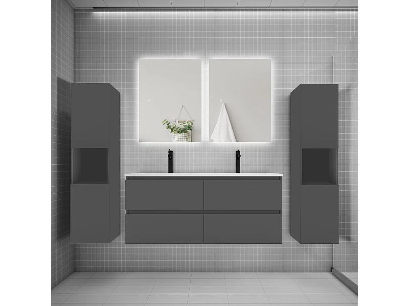 Ensemble meuble vasque L.120cm 2 tiroirs + lavabo + colonne + LED miroir 60cm,anthracite