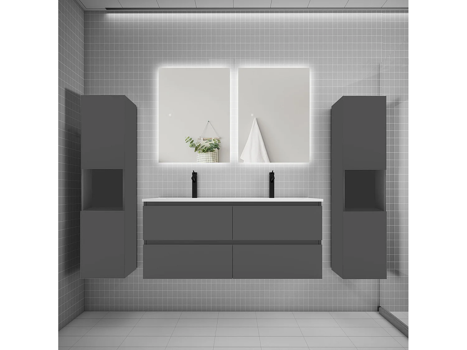 Ensemble meuble vasque L.120cm 2 tiroirs + lavabo + colonne + LED miroir 60cm,anthracite