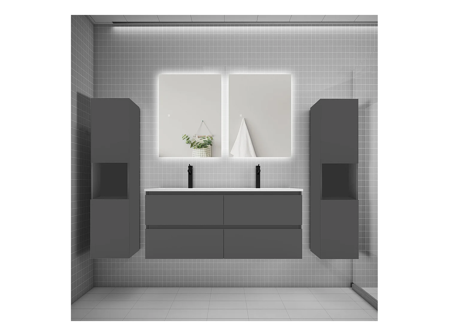 Ensemble meuble vasque L.120cm 2 tiroirs + lavabo + colonne + LED miroir 60cm,anthracite