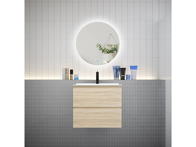 Ensemble meuble vasque L.60cm 2 tiroirs + lavabo + LED miroir rond 60cm,chêne