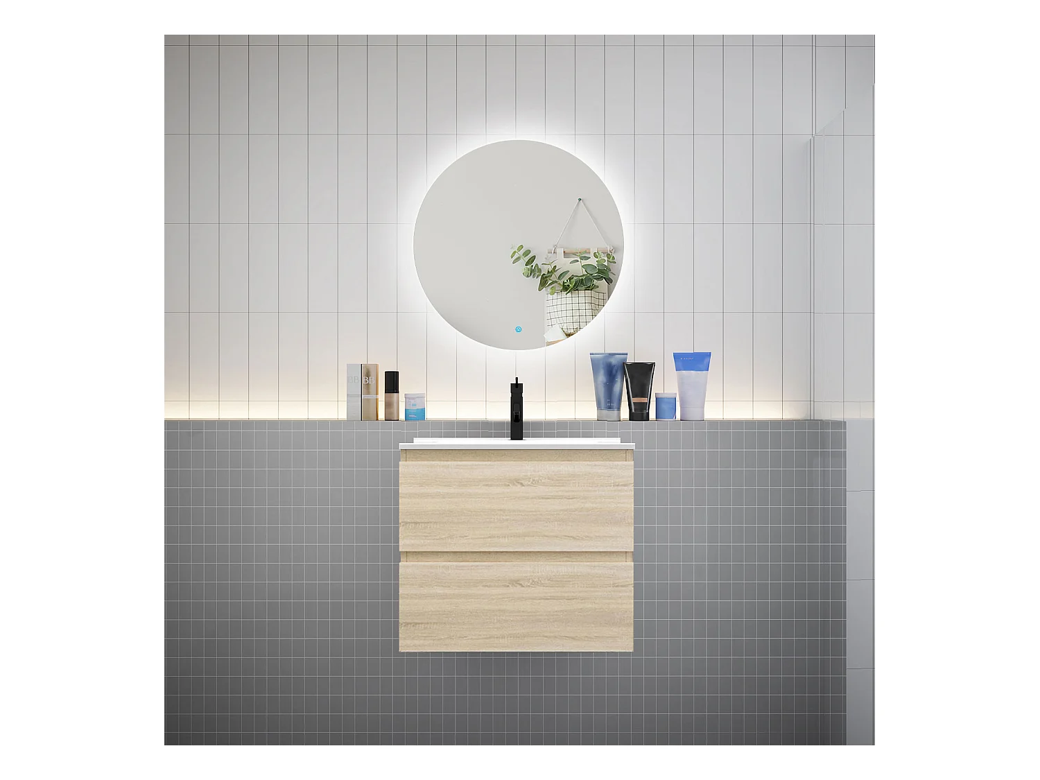 Ensemble meuble vasque L.60cm 2 tiroirs + lavabo + LED miroir rond 60cm,chêne